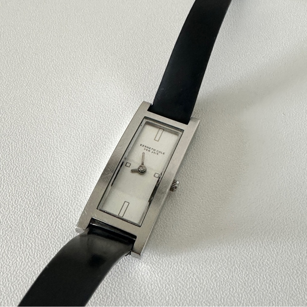 Kenneth Cole Silver Rectangular Watch with Black Leather Strap